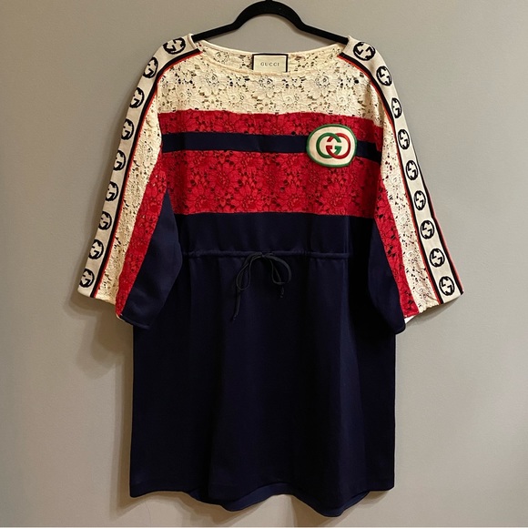 Gucci GG Floral Lace Logo Stripe Dress, Size XL - Picture 3 of 16